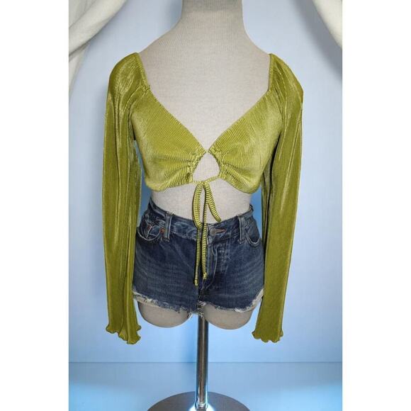 Wild Fable Green Apple Velvet Long Sleeve Tie Front Crop Top XS NWT - Picture 2 of 6